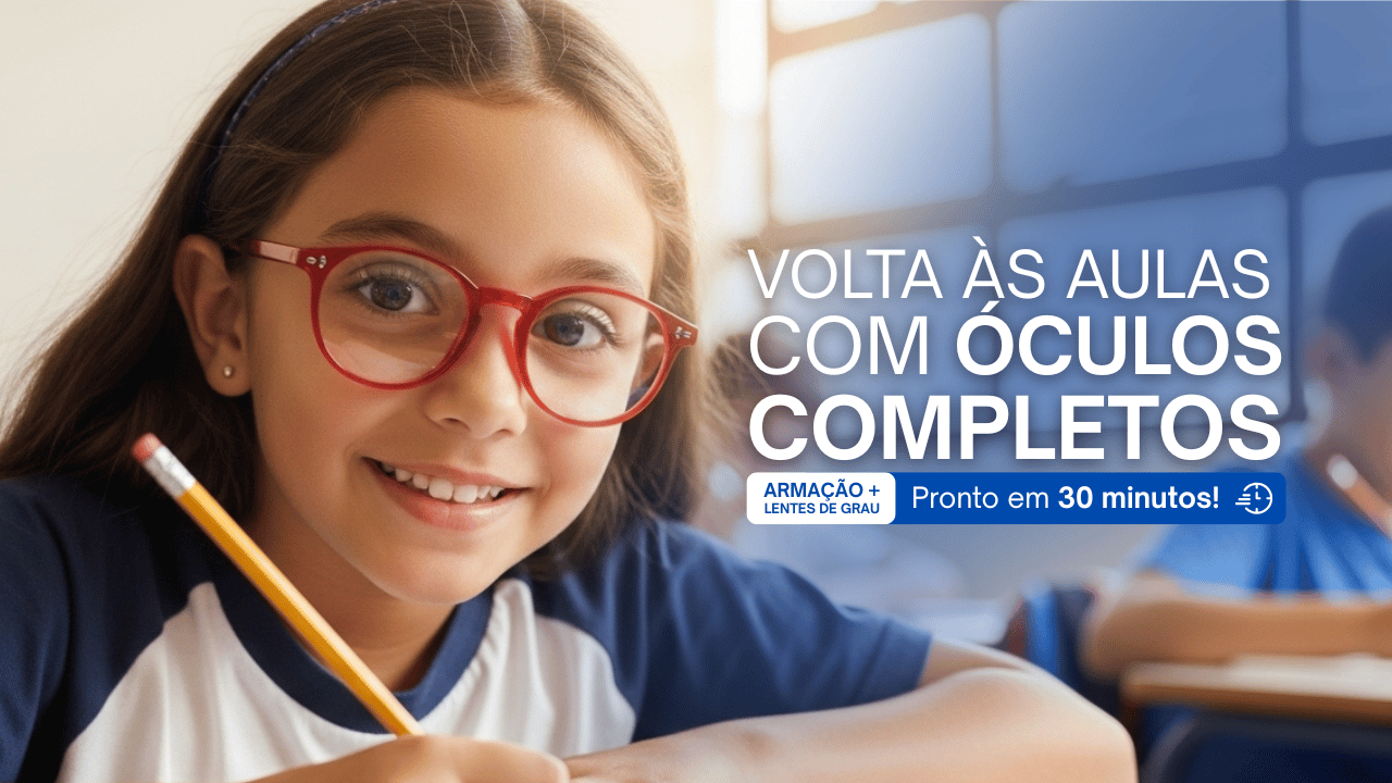 Banner promocional de Volta às Aulas com um estudante focado e usando óculos com lentes blue